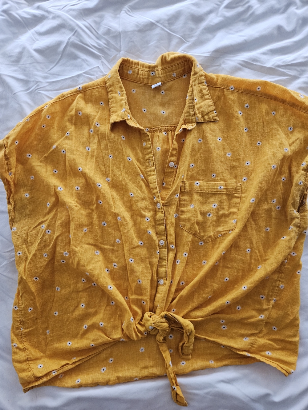 Old Navy Mustard Yellow Button-Front Tie Shirt with Tiny White Florals